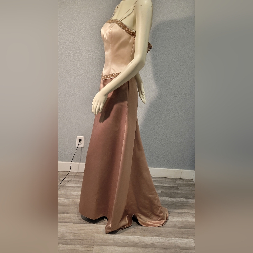 Bill Levkoff Bridesmaid dress CHampagne And Bown The Waist Line Breaded Broze S4
